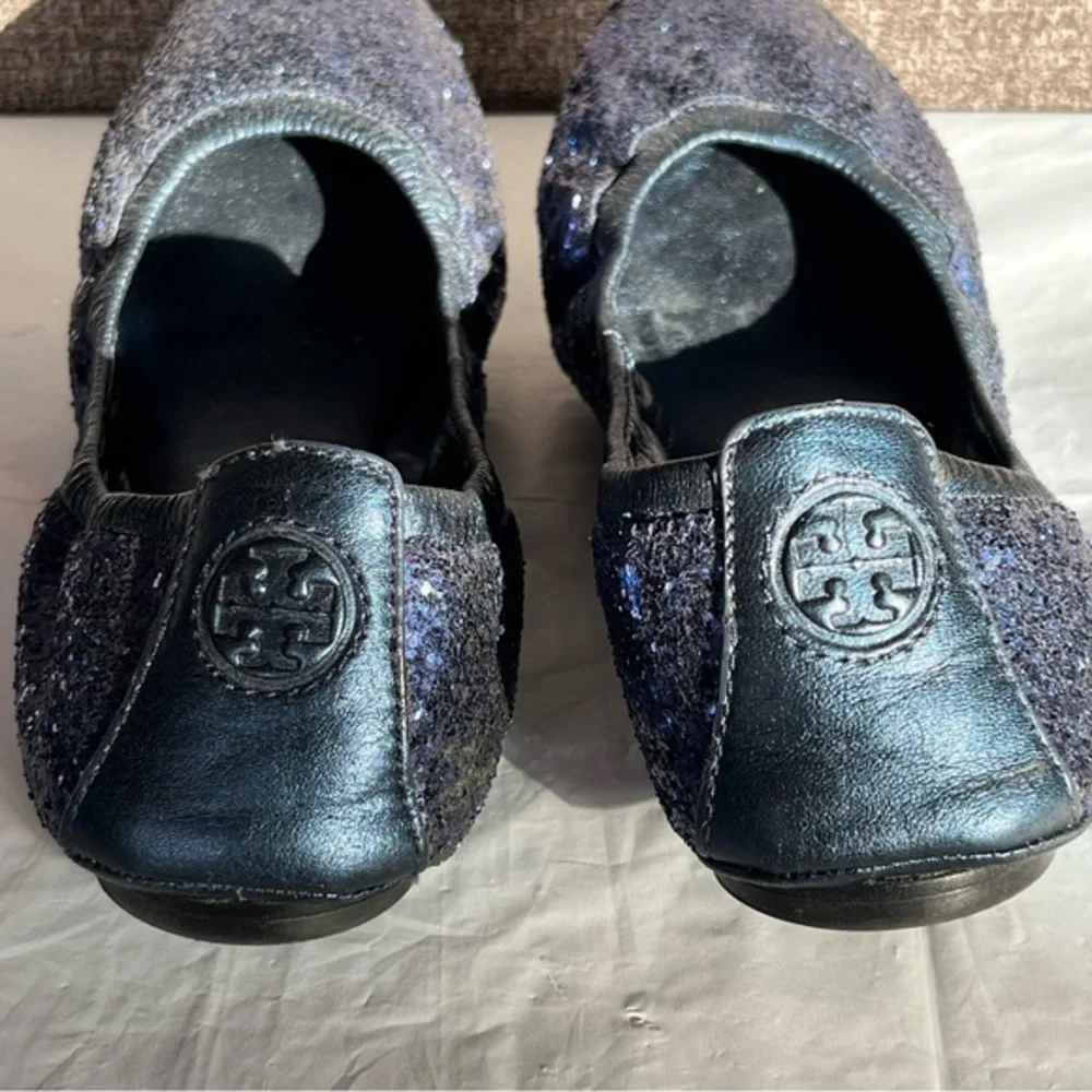 Tory Burch‎ Blue Sparkle Ballet Flats Womens Size 7.5 Leather Sole Slip On Logo
